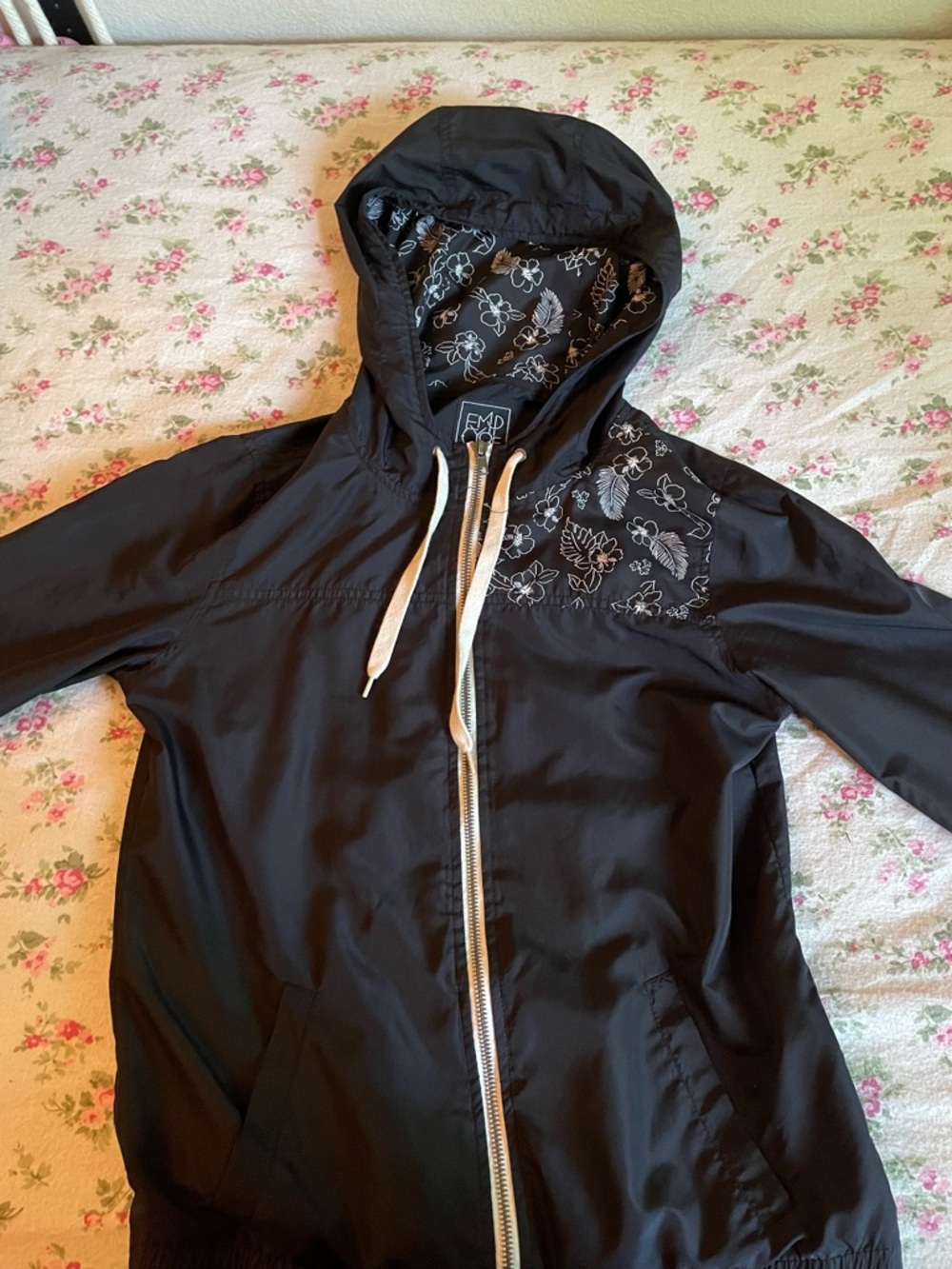 Black Hooded Windbreaker with Floral Lining